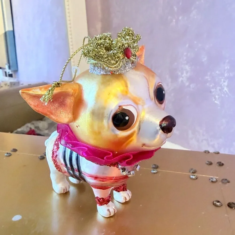 Hand Blown Chihuahua Dog Figurine with Crown and Pink Collar